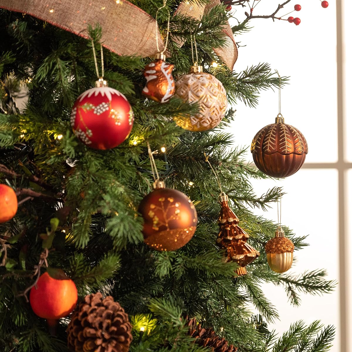 Valery Madelyn 60ct Woodland Red Brown Christmas Ball Ornaments Decoration Shatterproof Christmas Tree Ornaments for Christmas Decorations