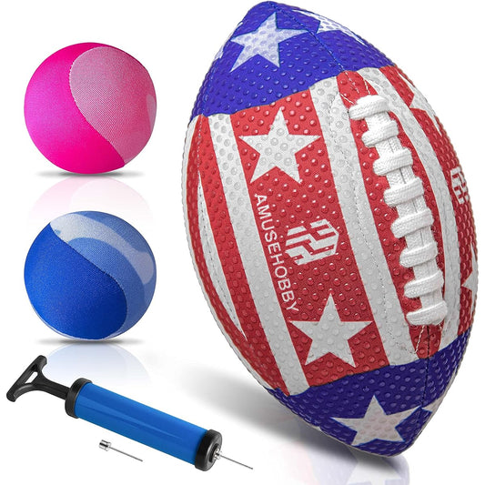 AMUSEHOBBY Football Official Size 9 Waterproof Football for Kids Youth Teen Boys Men Upgraded Grip with Pump 2 Pack Water Skip Ball Summer Water Splash Ball for Swimming Pool Game Toy