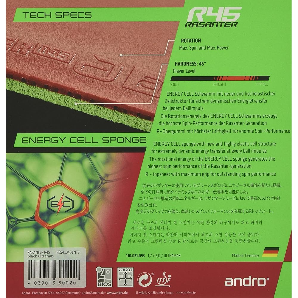 andro Table Tennis Rubber Lazanter R45 Back Soft UM Tension 110021093