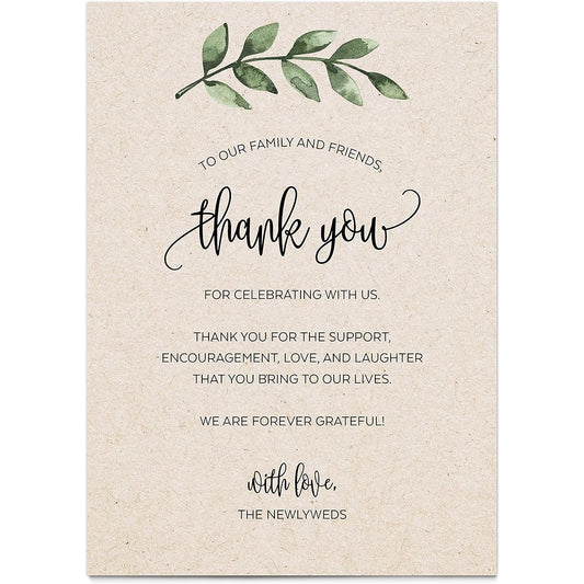 321Done Thank You Wedding Place Setting Cards, Set of 50, Made in the USA, Jumbo Table Messages, XL 5x7, Watercolor, Green, Succulent, Green Leaf, Tan, Love, Newlyweds, Engagement Rehearsal