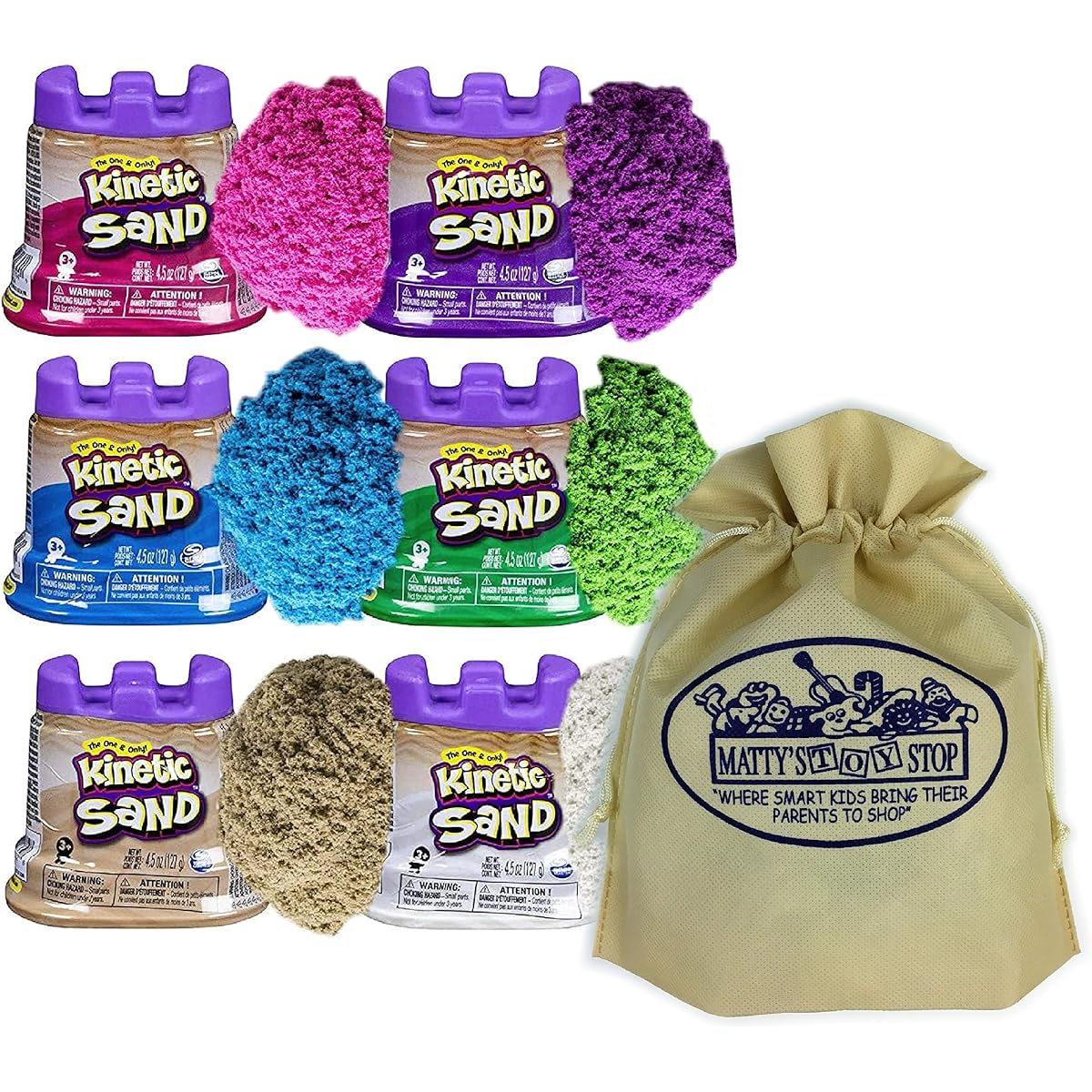 Kinetic Sand Modeling Sand 4.5oz Containers Pink Green Purple White Beige Blue Gift Set with Bonus Mat's Toy Stop Storage Bag - 6 Pack