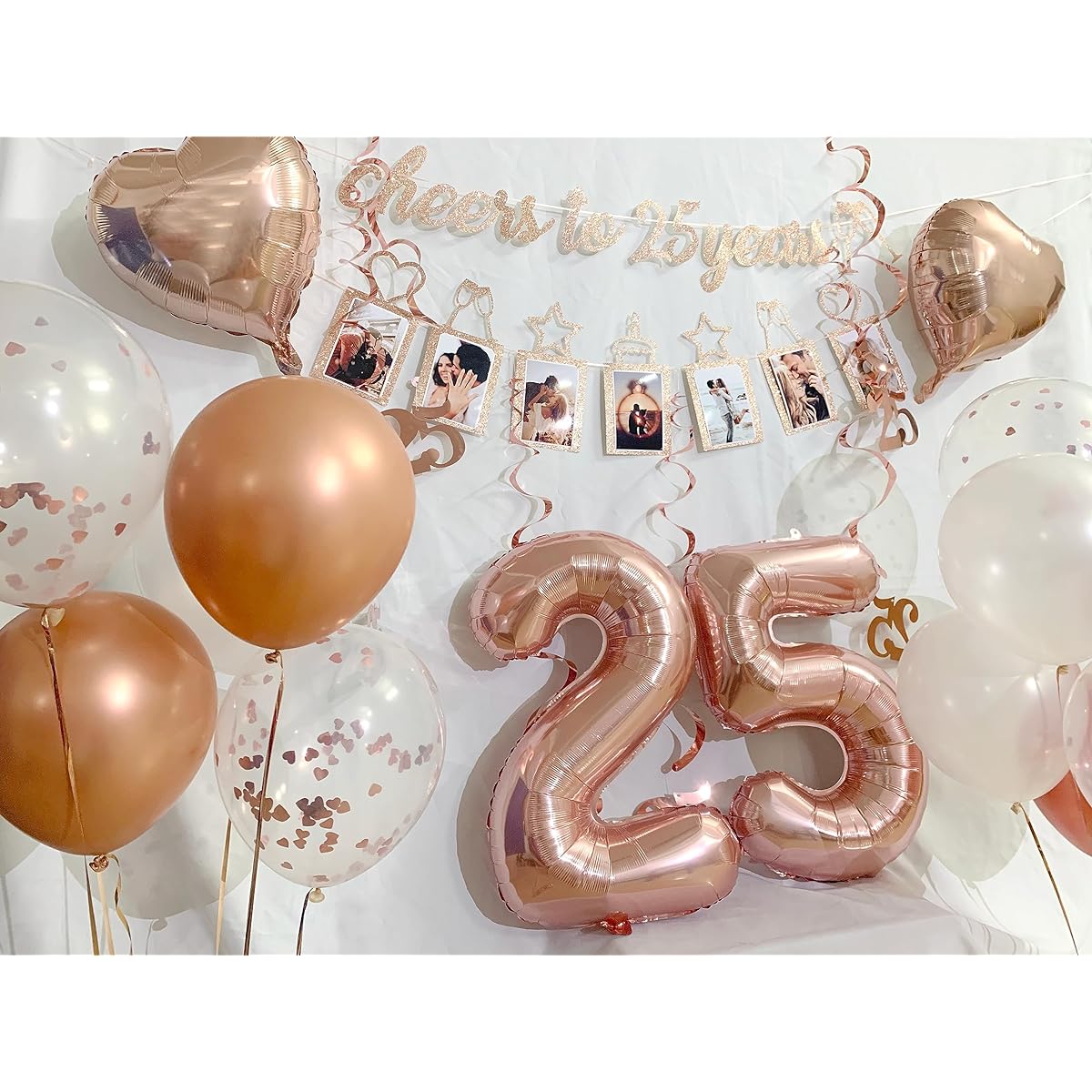 25th Anniversary and Birthday Decorations Party Supplies Cheers to 25 Years Old Photo Banner and Balloons Hanging 25th Anniversary Swirls Birthday Decor (Rose Gold)