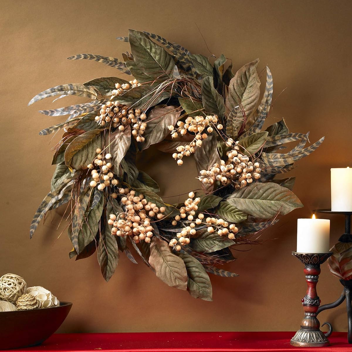 Nearly Natural 4681 Feather and Berry Wreath 24" Multicolor