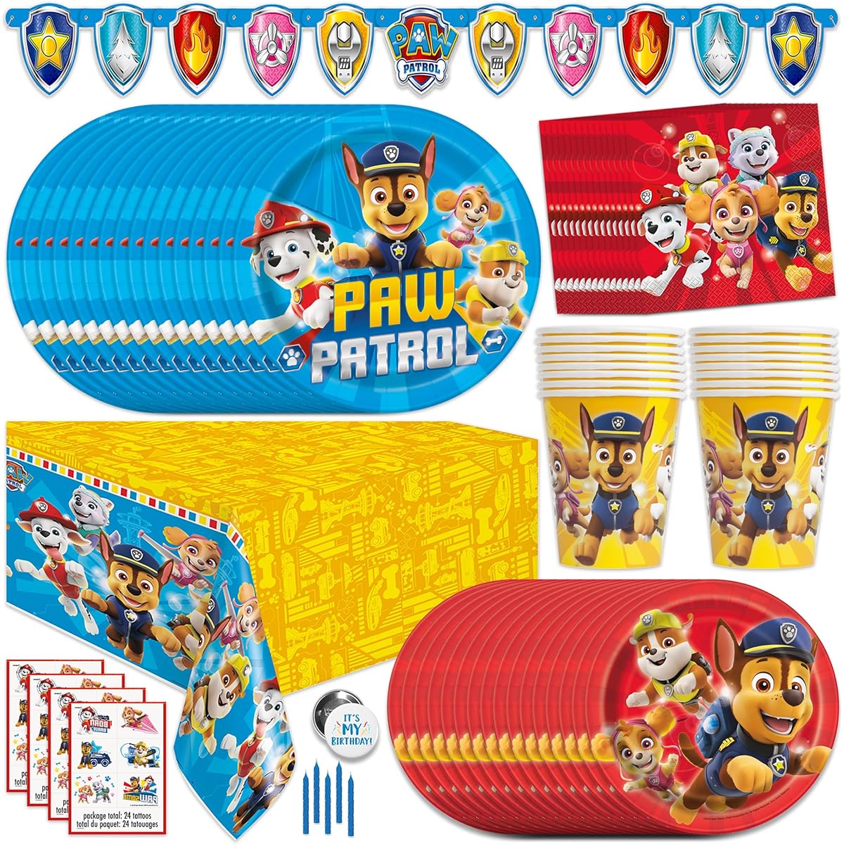 Paw Patrol party supplies and decorations, Paw Patrol birthday party supplies for up to 16 guests. Officially licensed merchandise including table covers, banner decorations, plates, napkins and more.