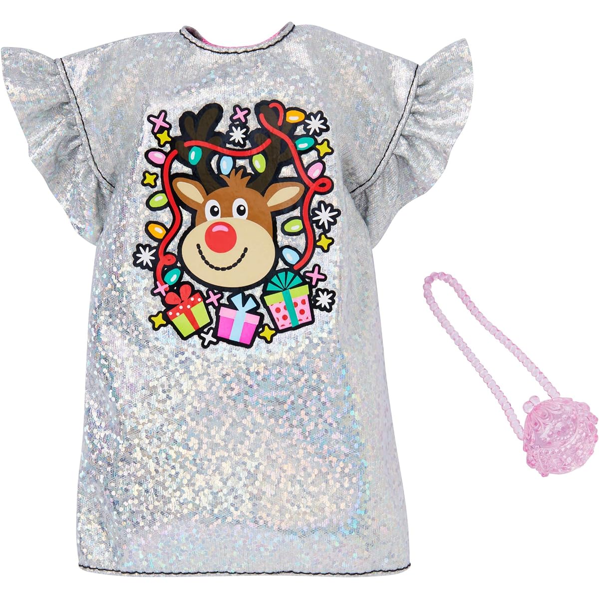 Barbie Holiday Fashion Assortment of Doll Clothes, Complete Outfit Dolls with Silvery Dress with Rudolph Graphic & Purse, Gift for 3 to 8 Year Olds