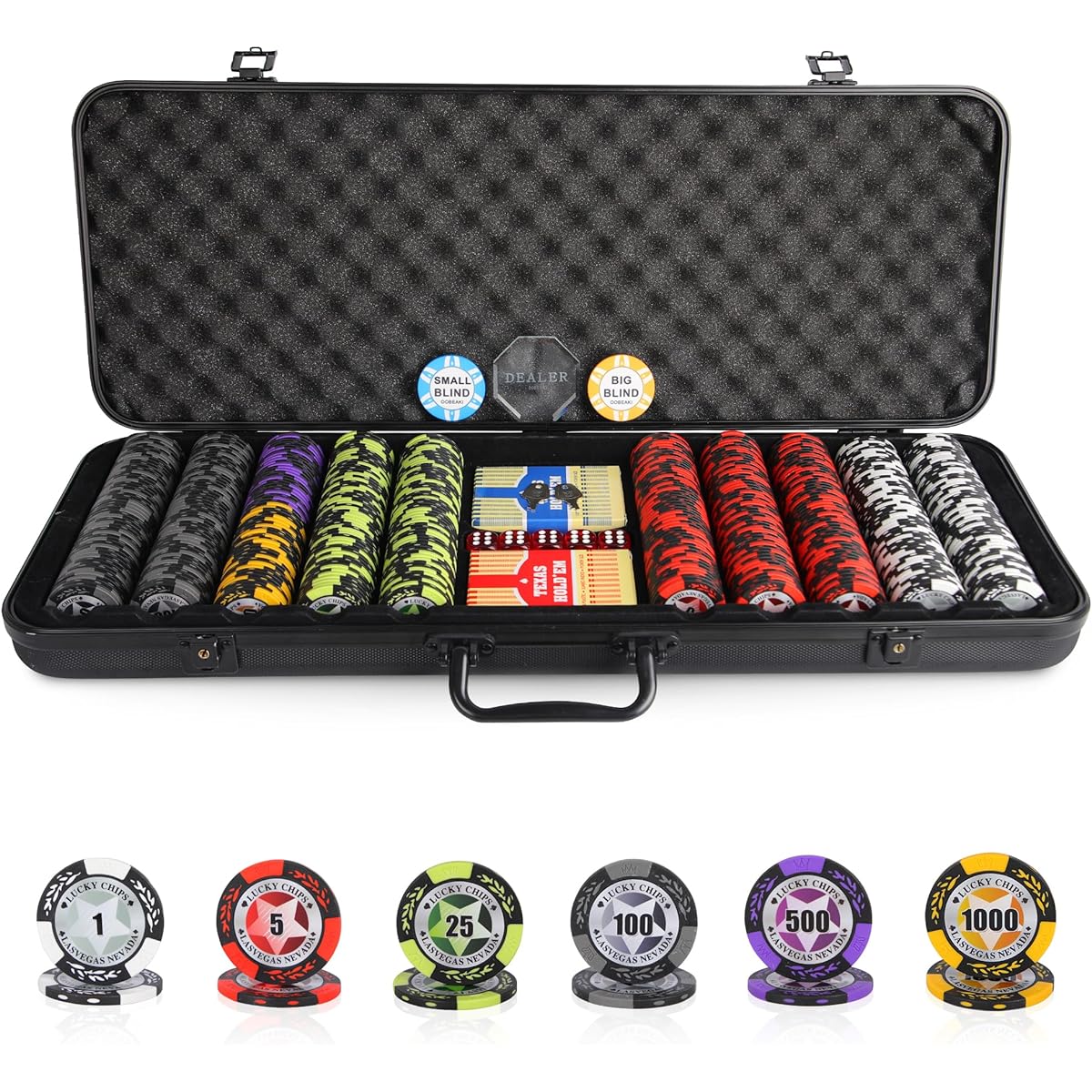 ORIENGEAR Poker Chip Set with Denominations 500 Pieces 14g Clay Composite Casino Chips with ABS Case and 2 Pairs of Plastic Cards for Texas Hold'em Blackjack Gambling Game