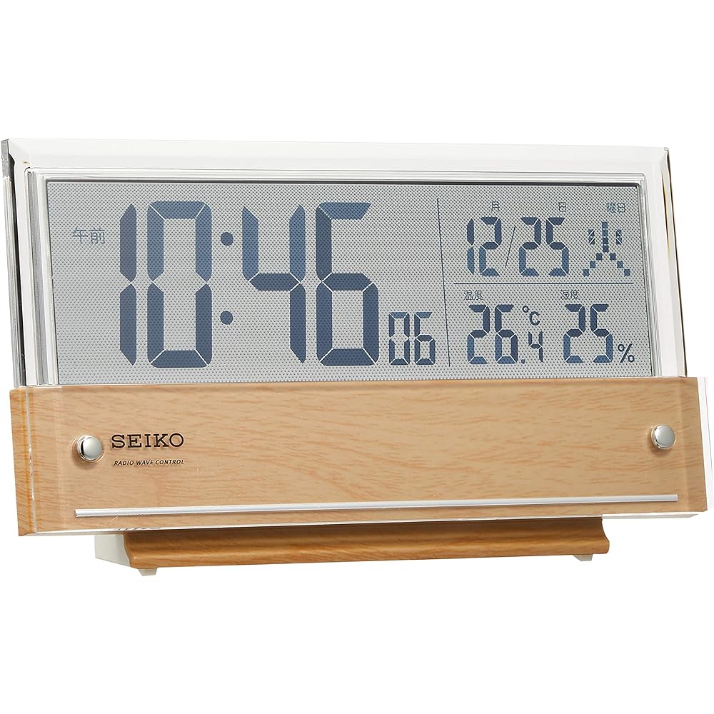Seiko Clock Table Clock Alarm Clock Radio Digital Calendar Temperature and Humidity Display See-through LCD Light Brown Wood Grain Pattern Body Size: 10.7 x 19 x 4.1 cm SQ782B