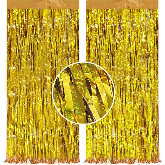 2 Pack 3.3ft x 10ft Sparkly Golden Tinsel Curtains Party Backdrop Metallic Foil Tinsel Fringe Backdrop Door Fringe for Birthday Graduation Wedding Party Photo Backdrop