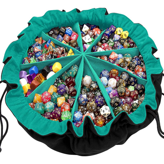 SIQUK Large Dice Bag with Pockets Drawstring Dice Bag DND Dice Storage Bag Large Capacity Dice Pouch for RPG MTG Table Games Holds 300+ Dice (Black & Cyan)