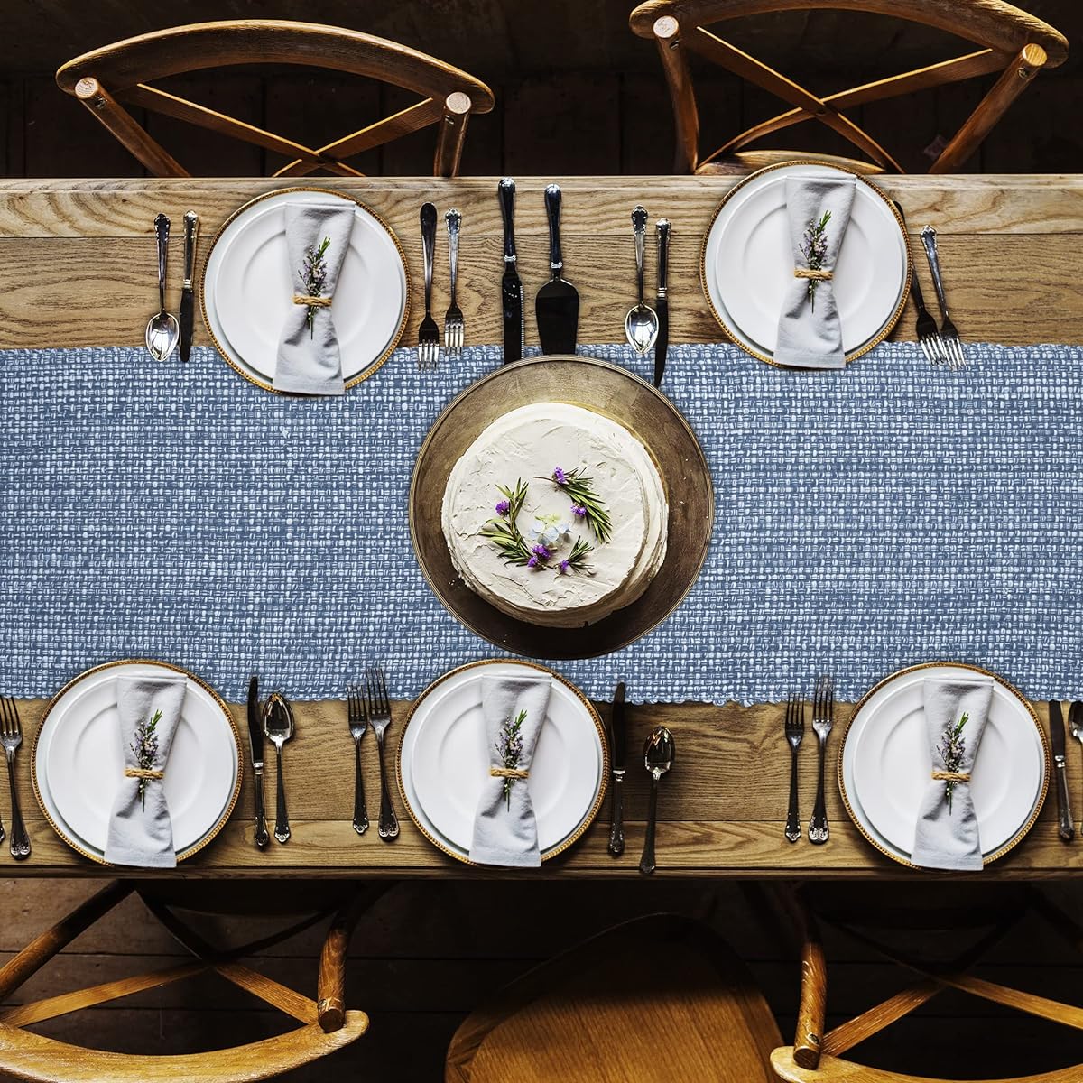 Gratico 100% Cotton Two Tone Table Runner, 14" x 72" Extra Large Size with Fringe, Heavier Quality Table Runner for Everyday Use (14''X72'') Indigo Blue/Natural