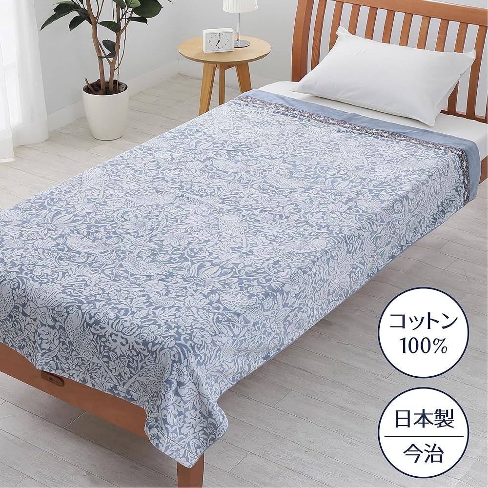 Nishikawa Imabari Towel Blanket Single Washable 100% Cotton Morris Gallery Strawberry Thief Fluffy Soft Made in Japan Blue FR03120017