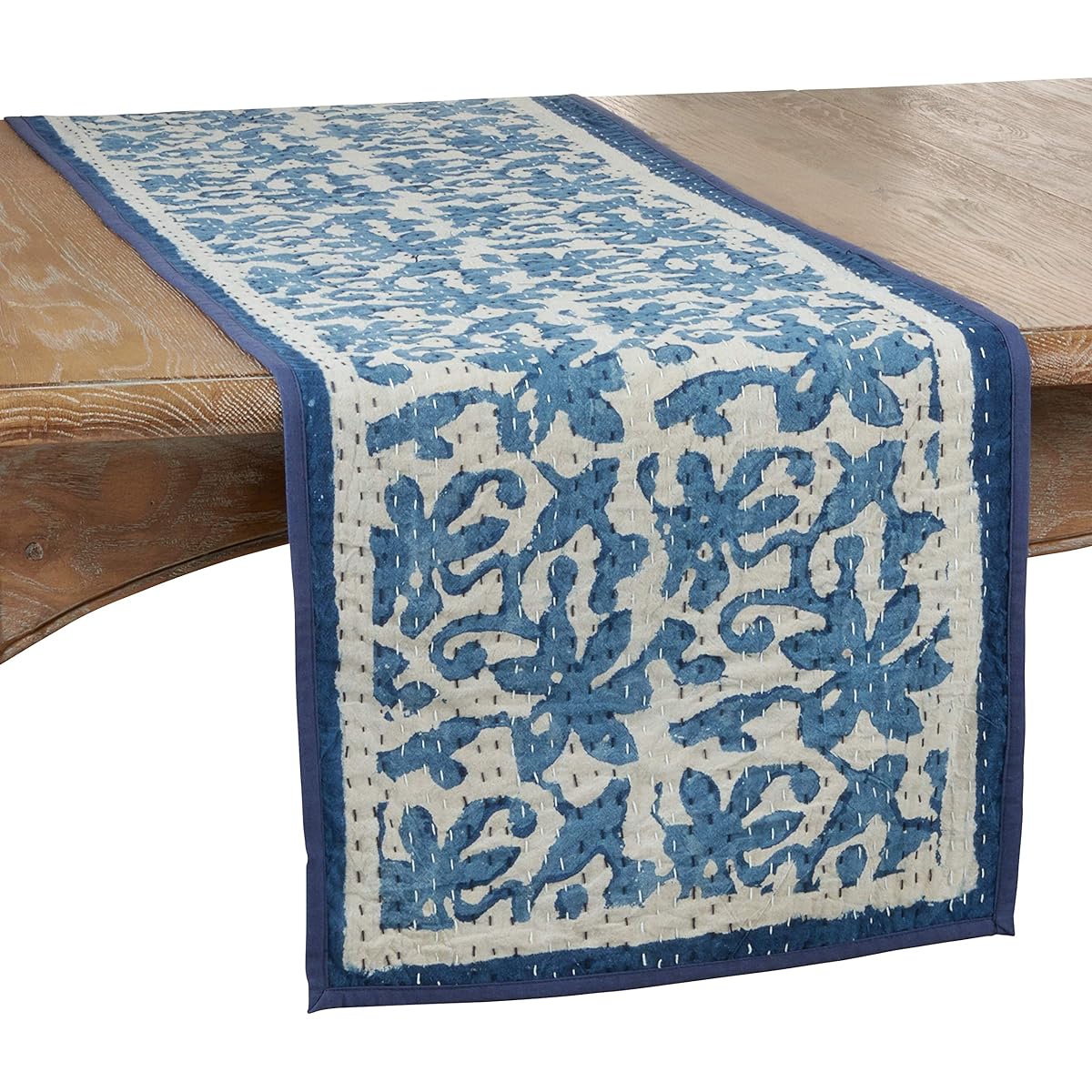Block Print Floral Kantha Stitch Table Runner