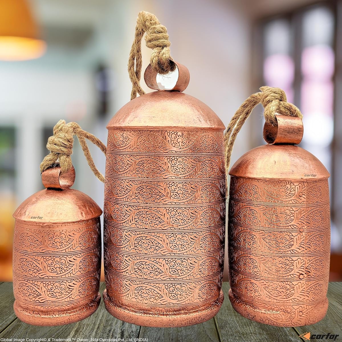 Carfar Rustic Copper Style Large Bell Set of 3 Handmade Metal Harmony Christmas Hanging Cowbell Complete Set with Jute Rope