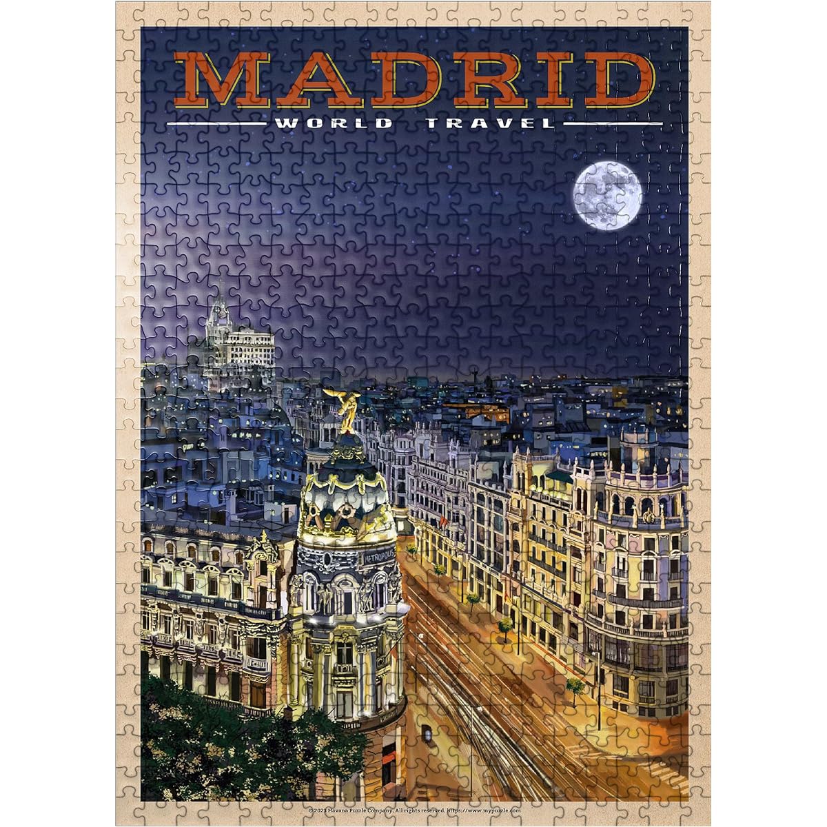 Madrid, Spain - Gran Via at Night, Vintage Travel Poster - Premium 500 Piece Jigsaw Puzzle for Adults