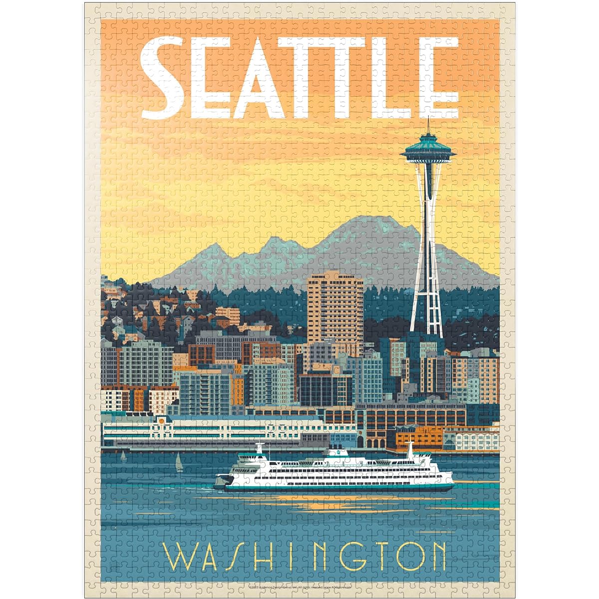 Seattle, Washington: Ferry Vintage Poster - Premium 1000 Piece Jigsaw Puzzle for Adults
