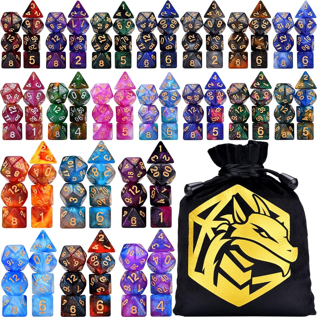 DND RPG Dice Set 20 x 7 Polyhedral Glitter Dice (140 Pieces) for Dungeons & Dragons Tabletop Role Playing Games with Large Bag