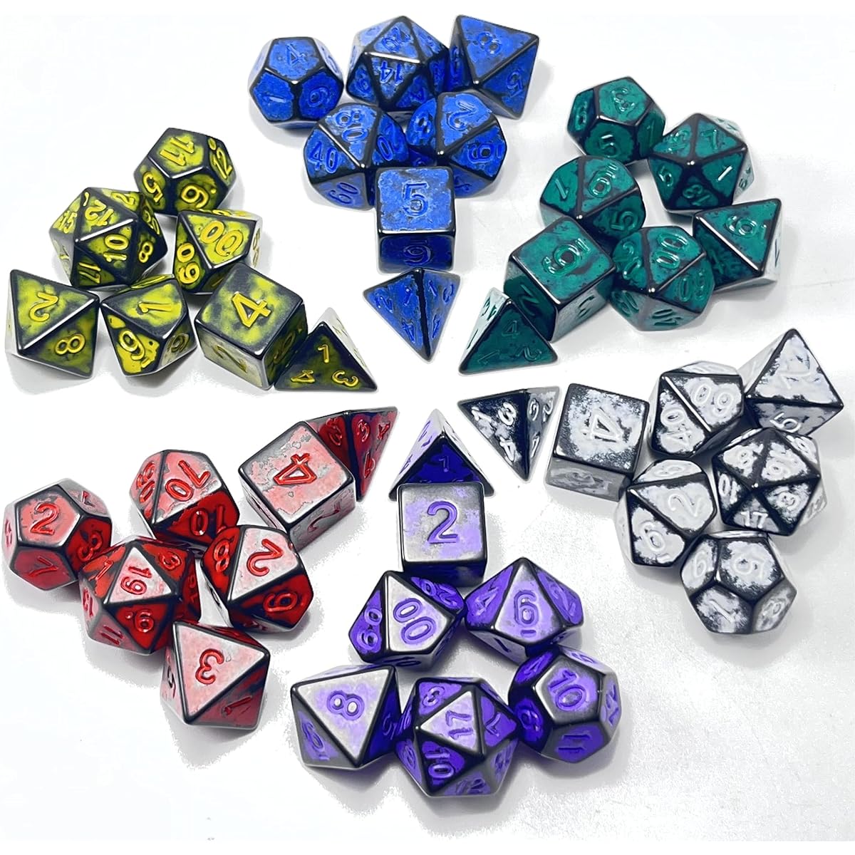 DND Retro Dice Set Polyhedral - IDTQ Dungeons and Dragons Old Purple Red White Black Blue Yellow Green Dice Set RPG MTG Tabletop Game Set of 6 D4 D6 D8 D10 D12 D20