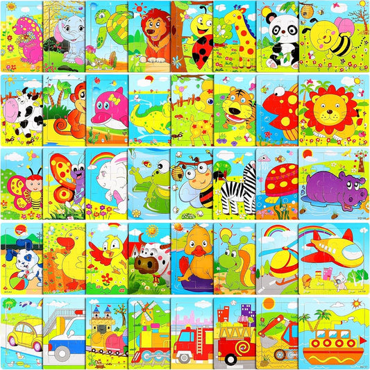 40 Pack Wooden Jigsaw Puzzles Ages 4-8 9 Piece Animals Vehicles Toddler Puzzle Preschool Education and Learning Puzzle Gift for Kids Birthday Party