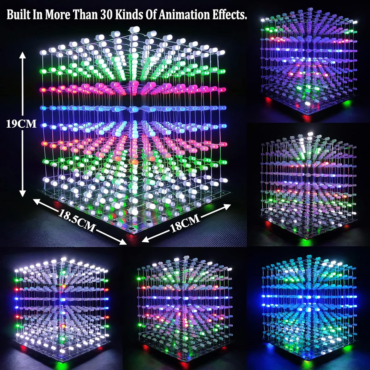 Hexidos 8x8x8 LED Cube Kit DIY Electronic Kit Soldering Project Kit LEDs need to be soldered Content displayed can be modified (MULTI4)