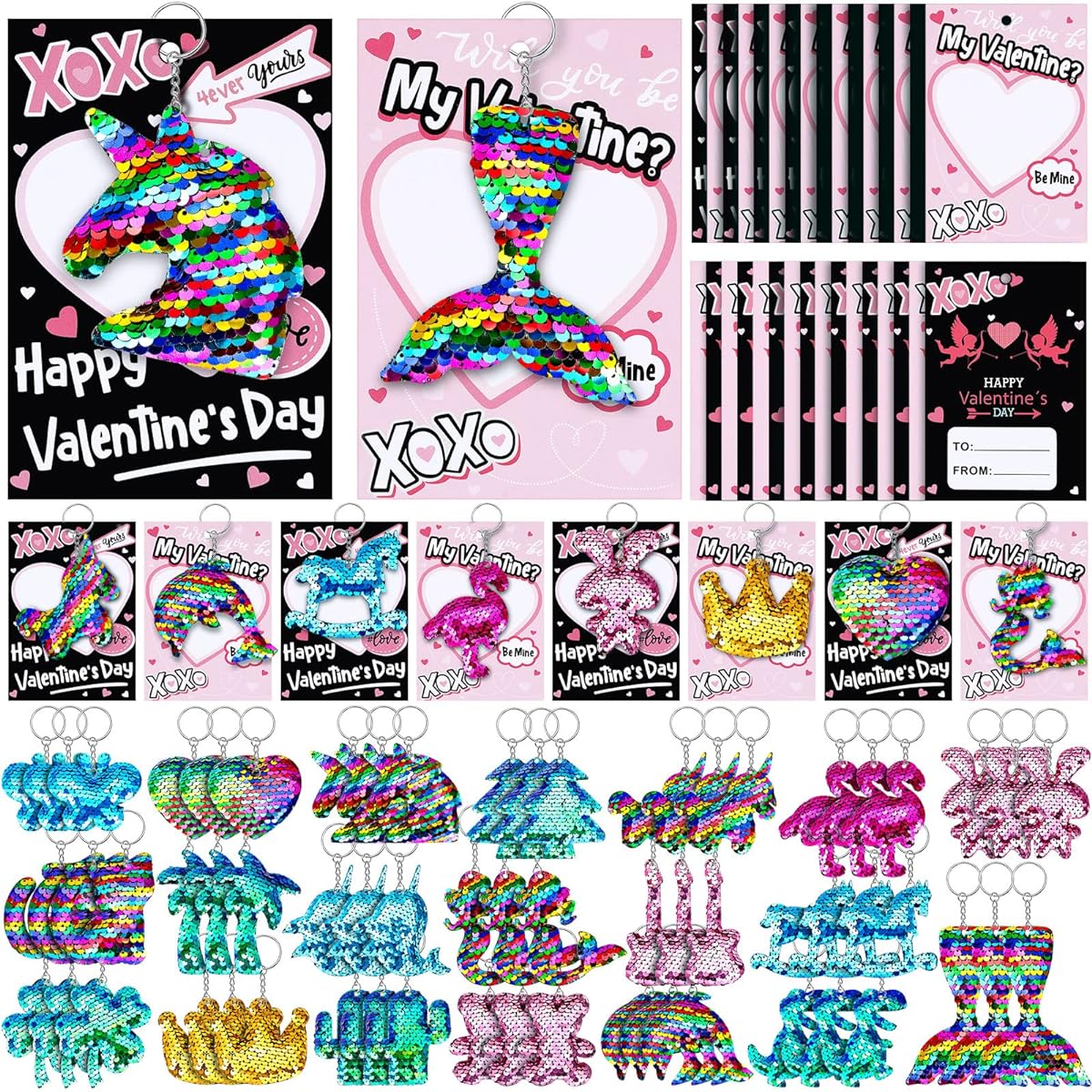 60 Pieces Flip Sequin Keychains Party Favors with Gift Card for Girls Valentine's Day Glitter Mermaid Sequin Keychains for Adults/Kids Valentine/Birthday Party Supplies Christmas Gift School Bag Pendant