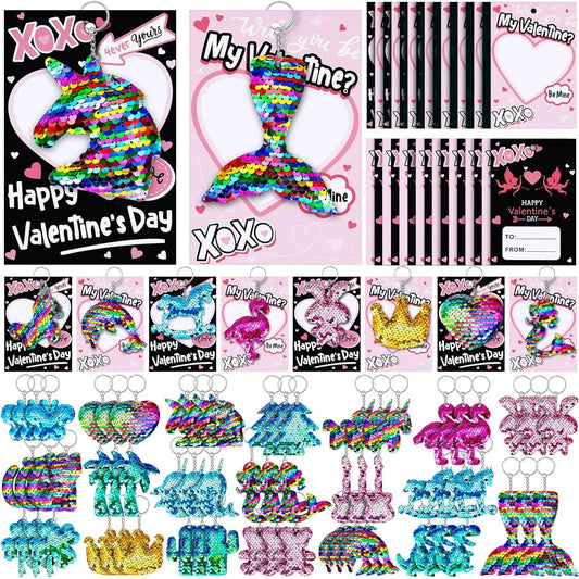 60 Pieces Flip Sequin Keychains Party Favors with Gift Card for Girls Valentine's Day Glitter Mermaid Sequin Keychains for Adults/Kids Valentine/Birthday Party Supplies Christmas Gift School Bag Pendant