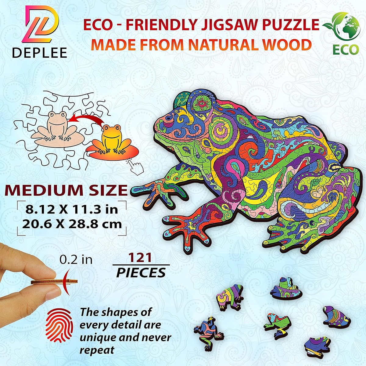 DEPLEE Wooden Puzzle for Adults Frog Wooden Jigsaw Puzzle Unique Shape Wooden Animal Puzzle Creative Challenge for Adults/Family/Friends 121 Pieces | 8.12 x 11.37 Inch(20.63 x 28.89cm) - Medium