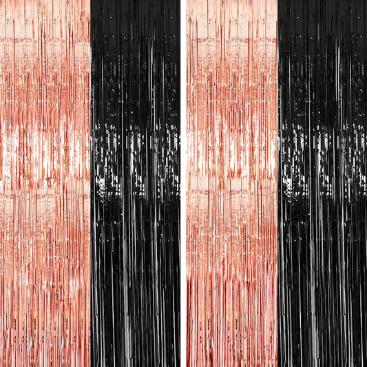 4 Pack 3.3ft x 8.5ft Rose Gold Black Tinsel Foil Fringe Curtains Graduation Party Decorations 2023 Rose Gold Black Graduation Party Decorations Graduation DIY Party Tinsel Photo Backdrop Decor