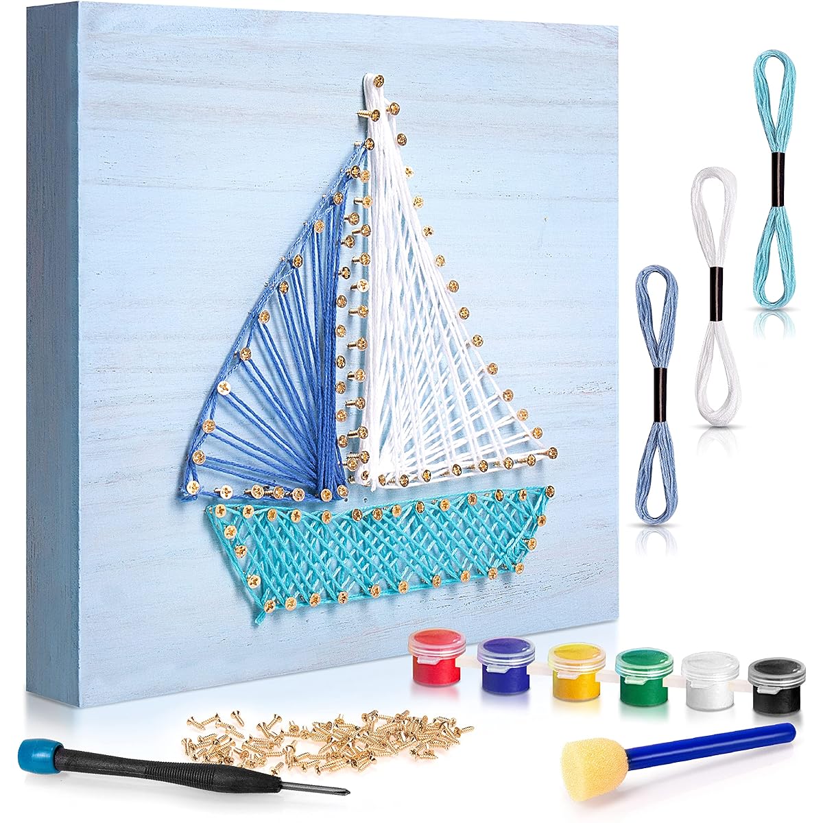 Superkit Boat String Art Kit: 3D Wooden DIY Art Craft Set, Mark Holes, 3 Color Skeins, Screws, Screwdriver, Paint, Foam Brush, For Ages 7+.