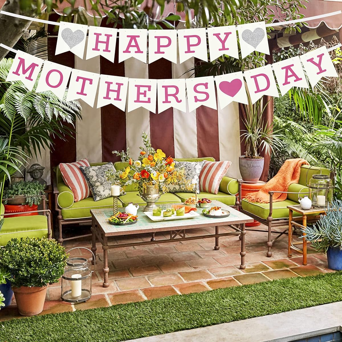 Happy Mother's Day Banner Mother's Day Bunting Sign Party Decoration Pink Letters Silver Glitter Heart Design Mother's Day Decoration Banner