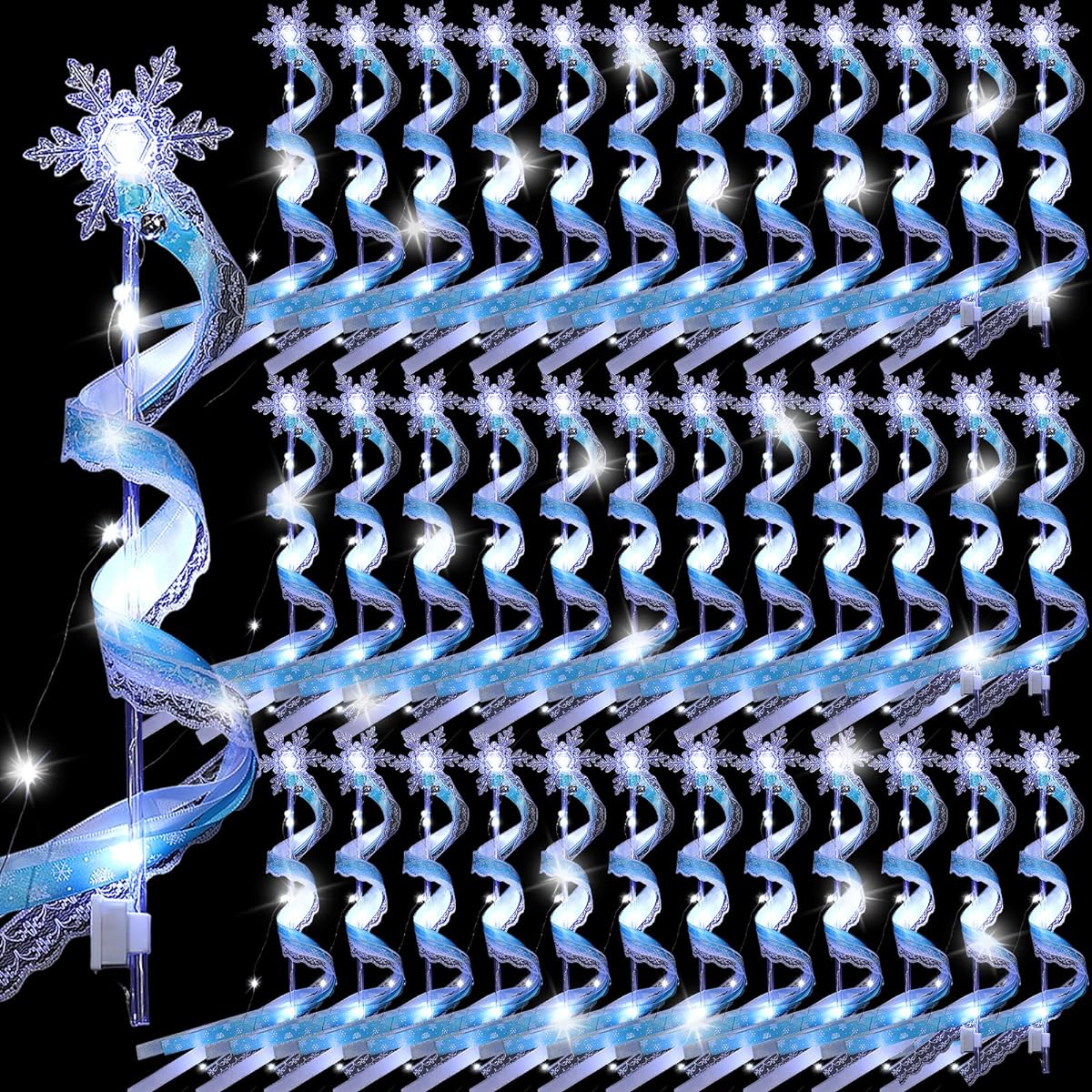 Wedding Wands Ribbon Streamers with Bells LED Fairy Light Up Silk Fairy Wands Glow in the Dark Flashing Lace Sticks for Wedding Birthday Party Favors (Blue Snowflake & Cool White LED, 48pcs)