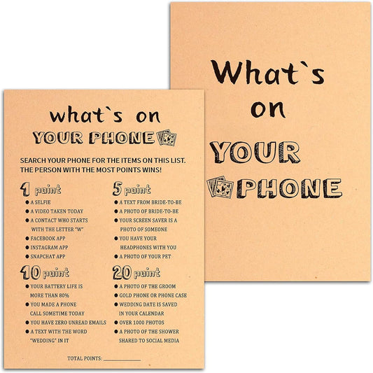What's on Your Phone - Funny Q & A Games Craft Paper Cards 5" x 7" - Funny Game Ideas for Bridal Wedding Shower or Bachelorette - 30 Game Cards (HLyxk01)