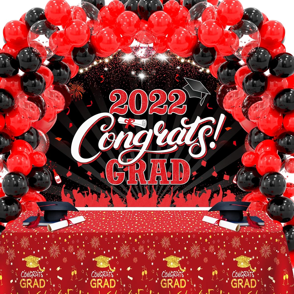 LINAYE 2022 Red and Black Graduation Party Decorations Supplies - Congrats Grad 2022 Backdrop Banner, Red and Black Balloons, Arch Kit, Graduation Tablecloth, Graduation Gifts, Graduation Party Decorations