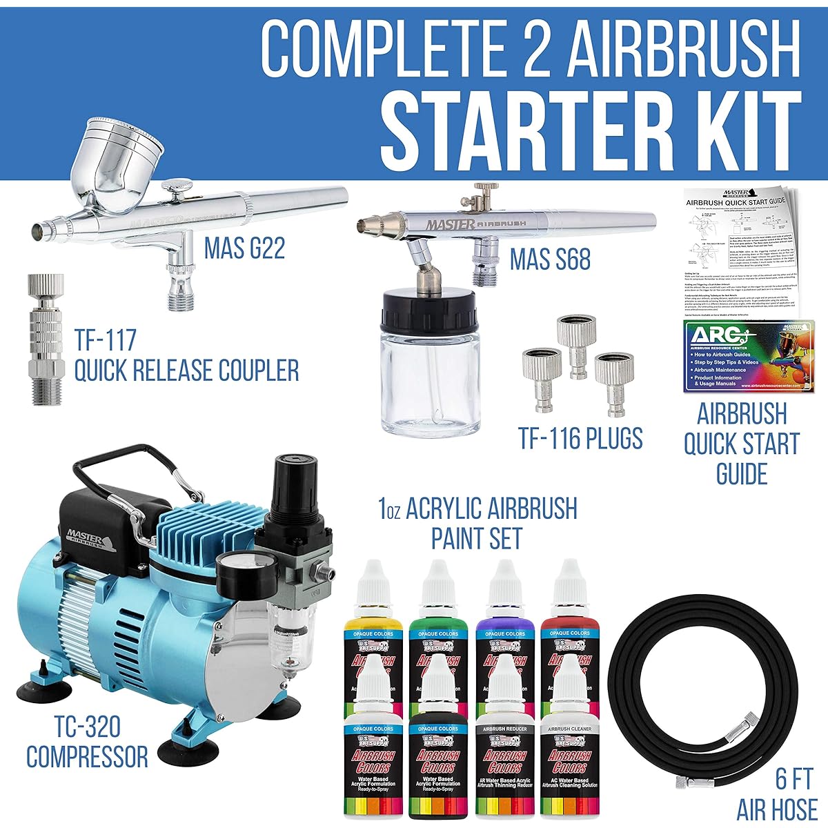 Master Airbrush Complete System with Paint. 2 Airbrushes, Air Compressor, 6' ... by Master Airbrush