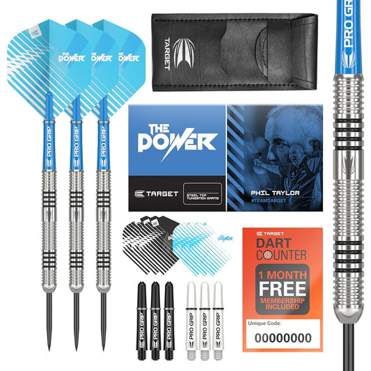 Target Darts Phil Taylor 23G Tungsten Steel Tip Dart Set 9 Pro Grip Shafts 9 Pro Ultra Flights Dart Wallet Dart Counter App Coupon Set