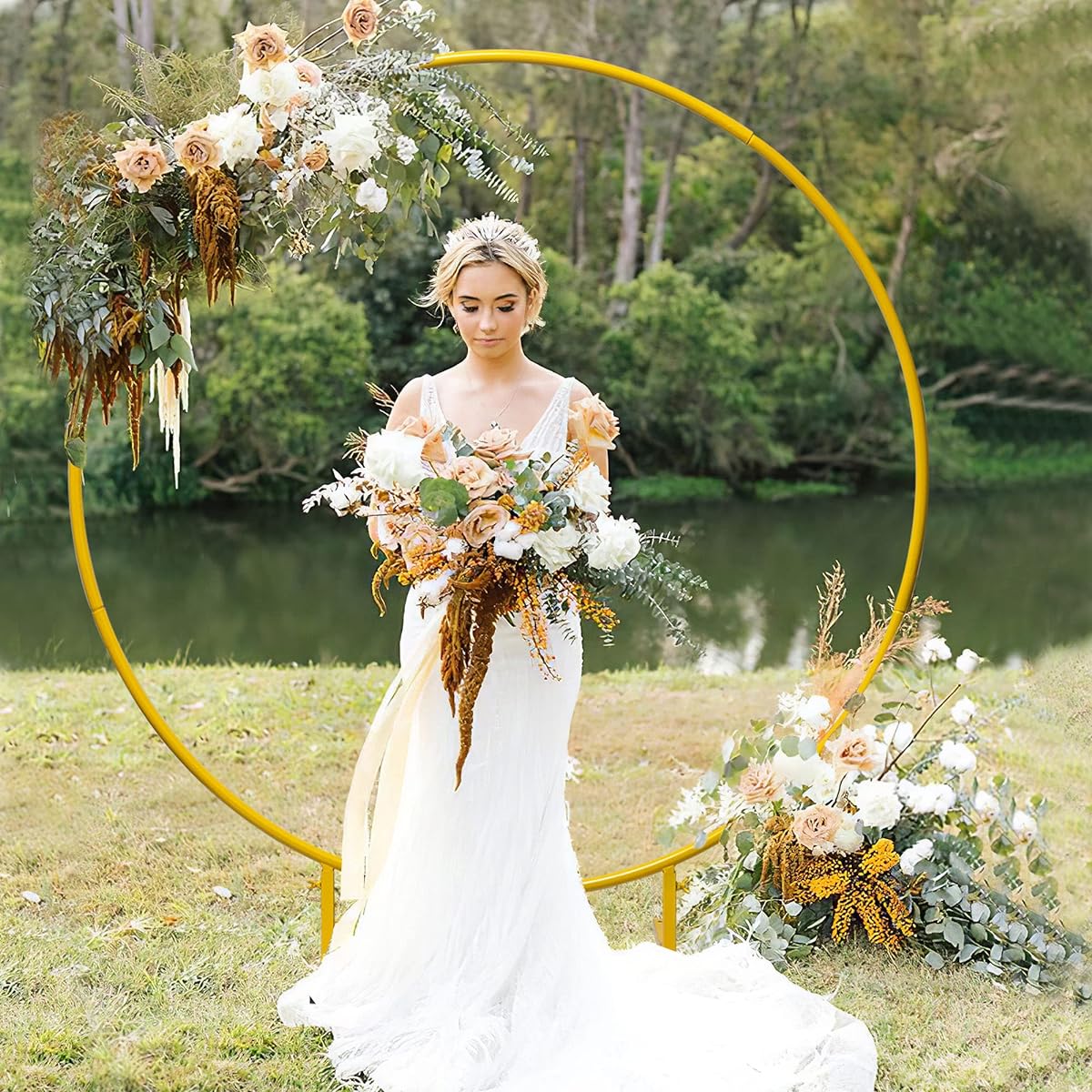 PexFix Round Backdrop Stand Metal Circle Wedding Balloon Arch, 4ft Circle Balloon Arch Decorative Frame for Wedding Birthday Party Baby Shower Bridal Balloon Arch Stand (Gold)