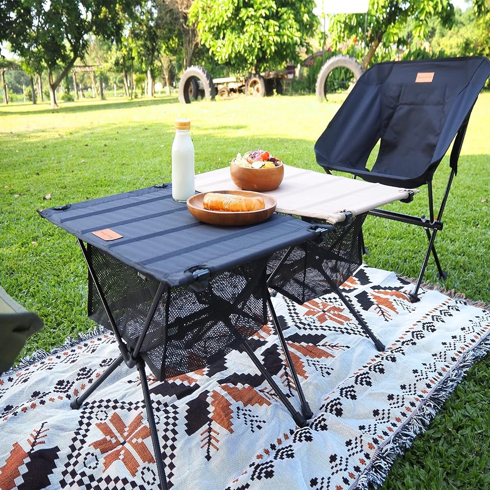 Ultralight Camping Table Compact Folding - Outdoor Table Aluminum Table, Hiking, Camping Desk, Mountain Climbing, Storage Mesh for Outdoor Travel (Black)