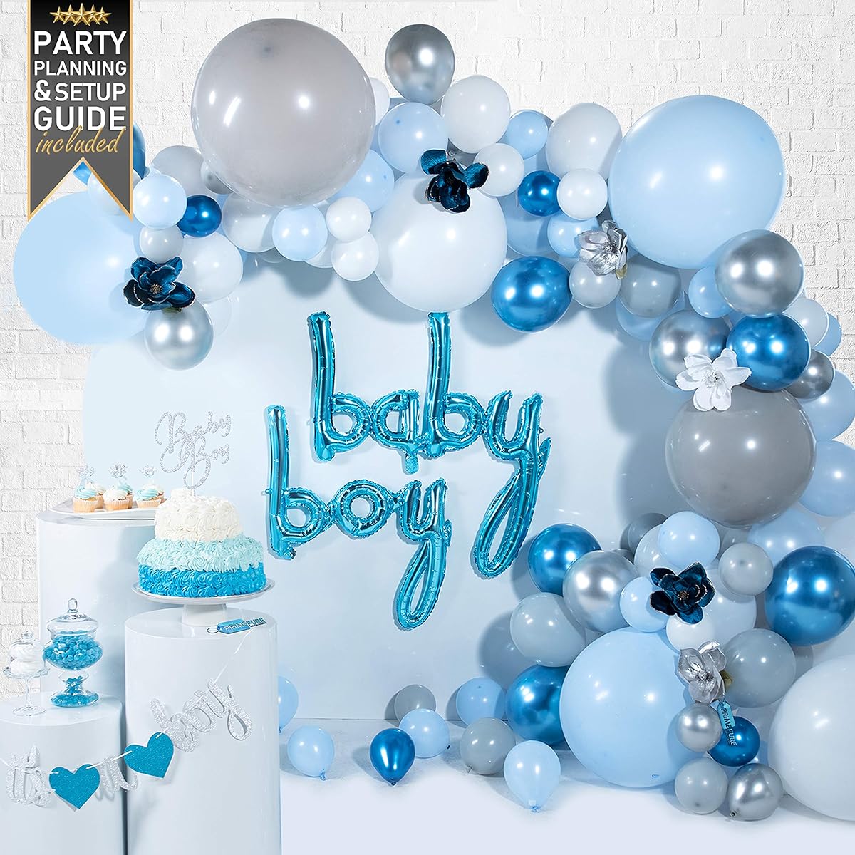 Baby Shower Decorations for Boys (129 Piece Premium Kit) Step-by-Step Video Setup Instructions Balloon Garland Kit with Blue Balloons Party Decorations with Balloon Arch