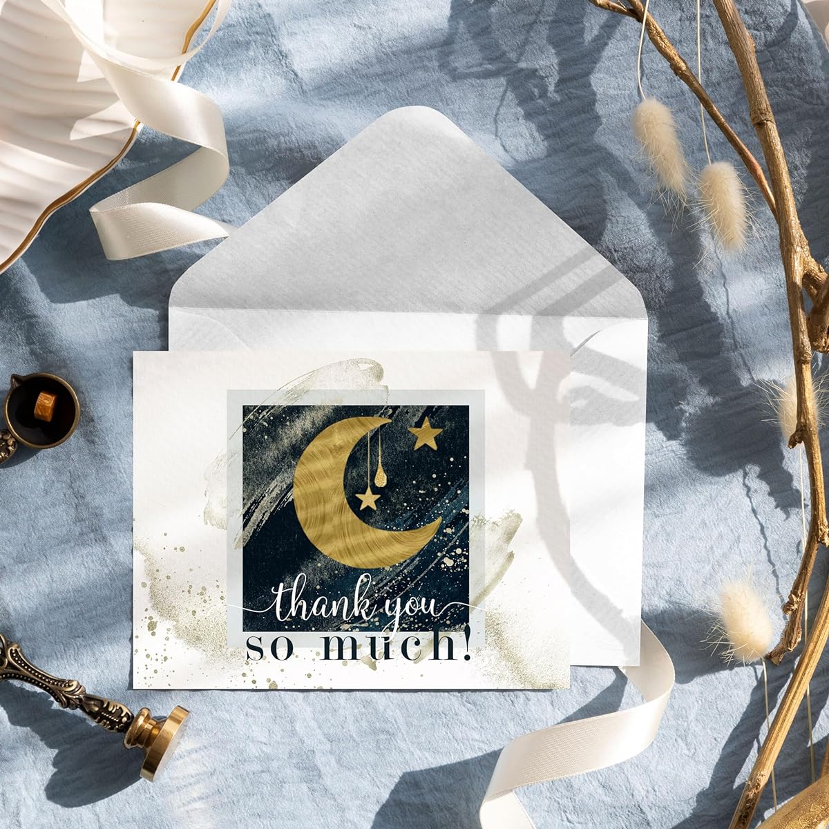 Stars and Moon Thank You Cards with Envelopes (25 Pack) Celestial Note Cards Folded for Boys/Baby Shower/Wedding/Graduation - Cosmic Navy and Gold 4 Bar Set - Paper Clever Party
