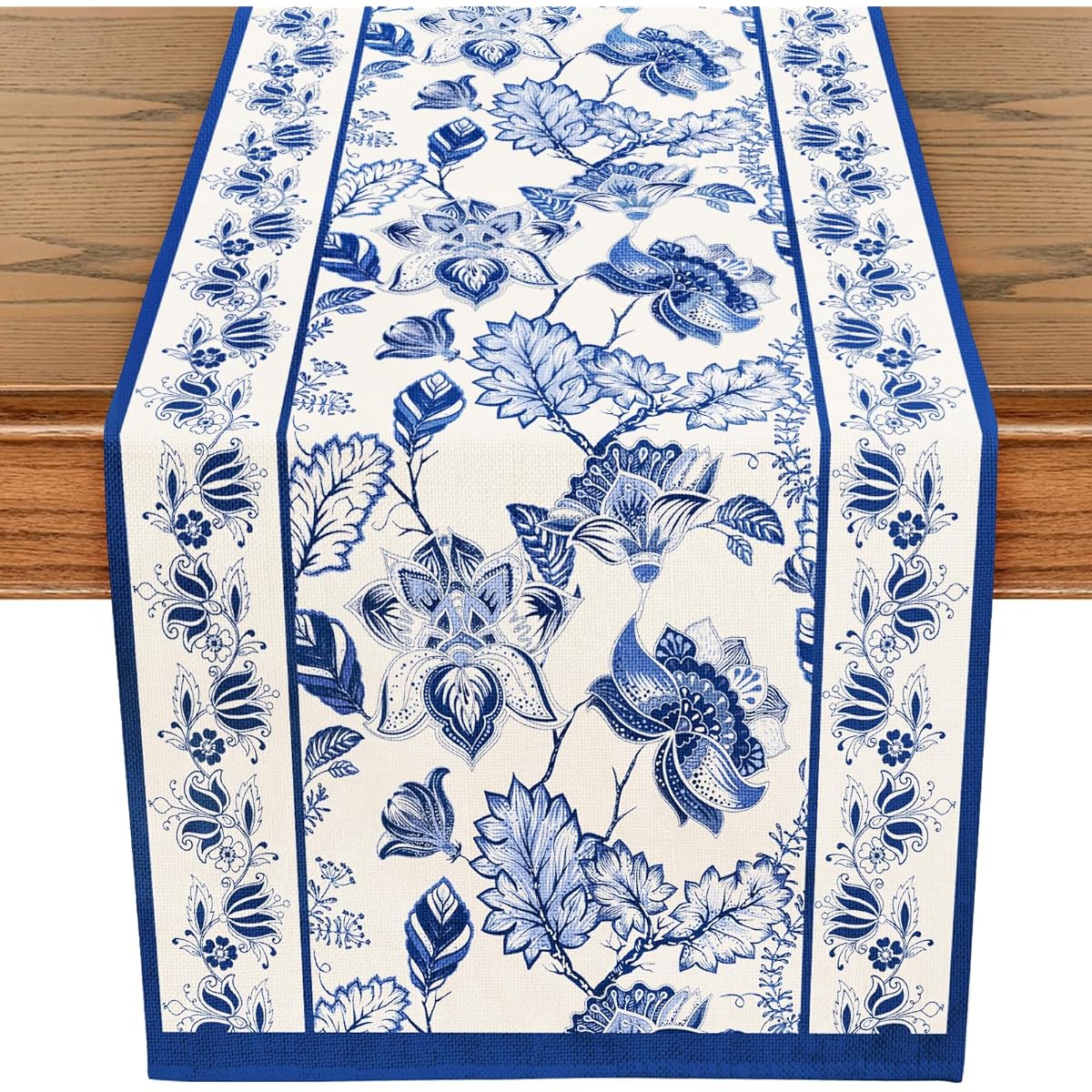 WRAPAHOLIC Blue Floral Table Runner - 13 x 72 Inch - Seasonal Spring Summer Farmhouse Burlap Indoor Kitchen Anniversary Wedding Dining Table Decorations for Home Parties