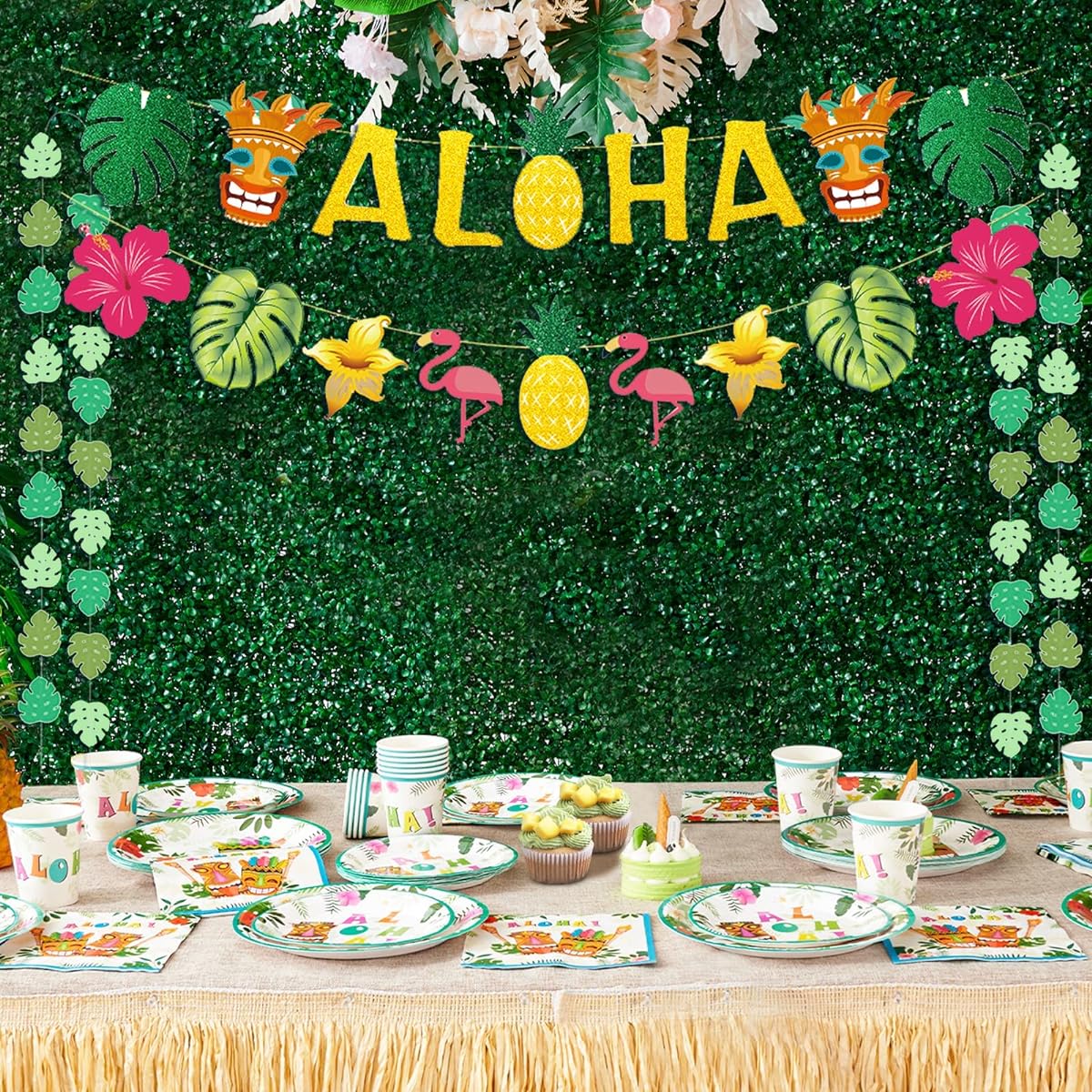 Hawaiian Party Decorations Gold Glitter Aloha Banner Leaf Banner Pineapple Balloon Tiki Tropical Luau Party Supplies