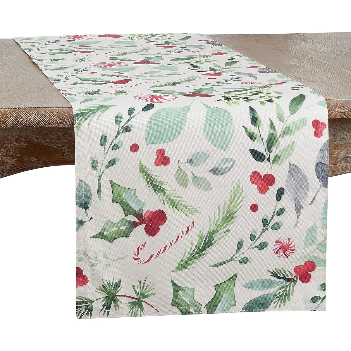 SARO LIFESTYLE Sara B Collection Christmas Leaves and Candy Cane Table Runner 16"x54" Multi