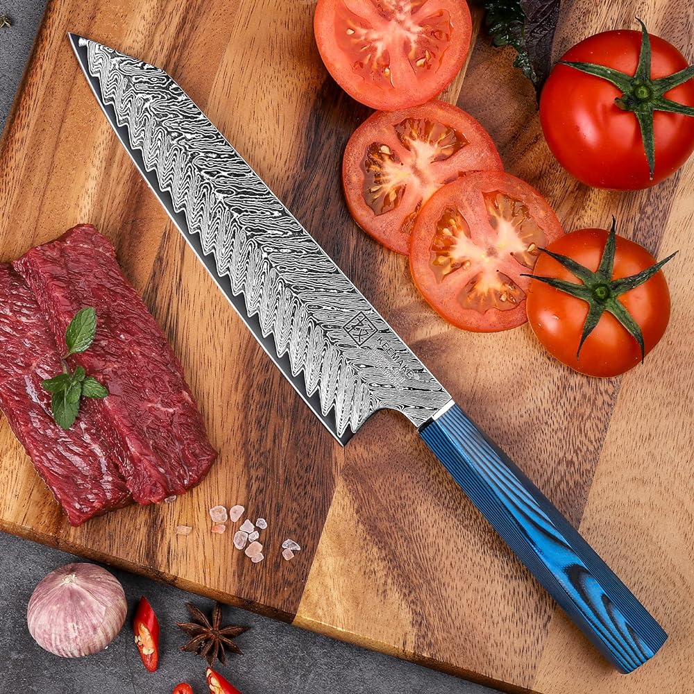 KEEMAKE Chef Knife 210mm Damascus 67 Layers Stainless Steel Home Use Kitchen Meat Cutting Vegetables Fish Handling Gift Present (Gyuto 210mm (Blue))