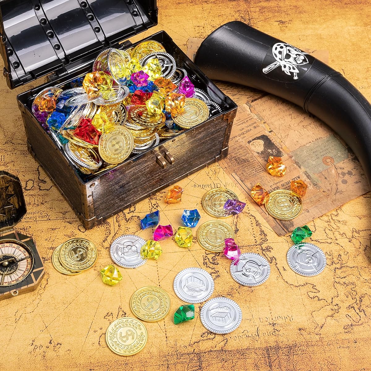 AiFanS Treasure Chest for Kids, Plastic Treasure Chest with 320 Treasure Gold Coins and Gems/Jewels, Perfect for Pirate Themed Parties and Games