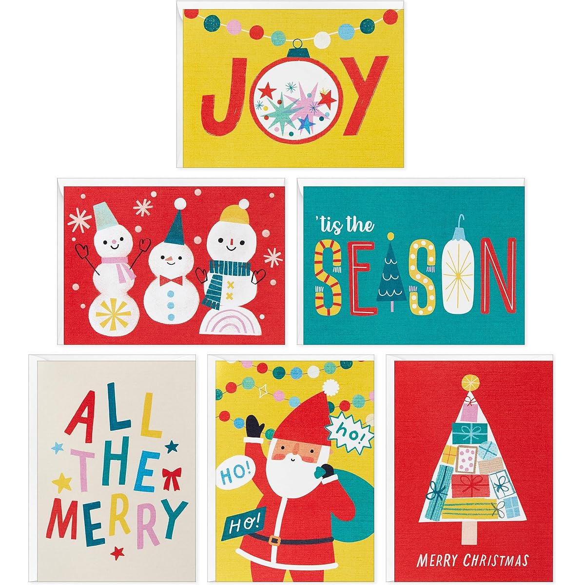 Hallmark Festive Fun Boxed Christmas Card Assortment (36 Cards and Envelopes) Red, Green, Yellow, Snowman, Santa
