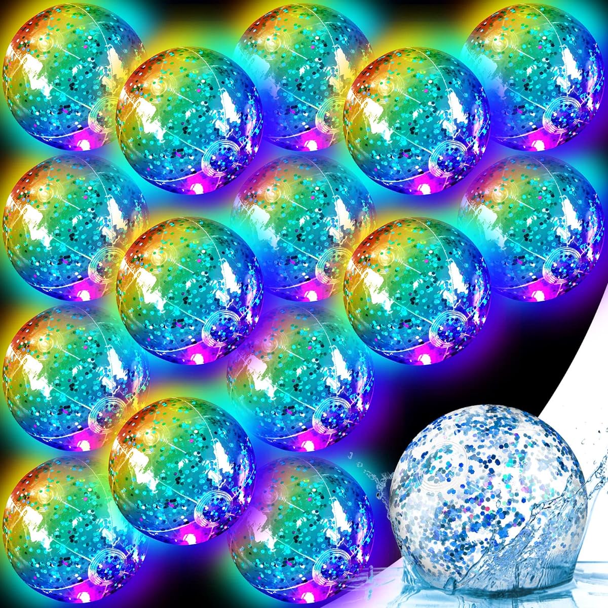 Hungdao 16pcs LED Beach Balls Glow in the Dark Balls 12inch Light Up Balls Glitter Balls Beach Balls Bulk Outdoor Pool Party Decorations for Kids Adults Sports Water Games