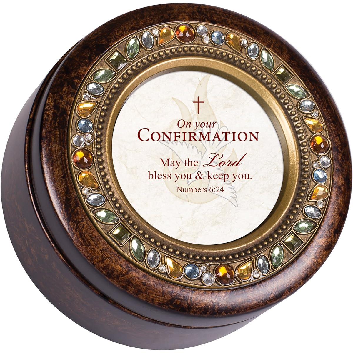 Confirmation Lord Bless You Burlwood Finish Round Jewelled Music Box Plays Tune How Great Thou Art