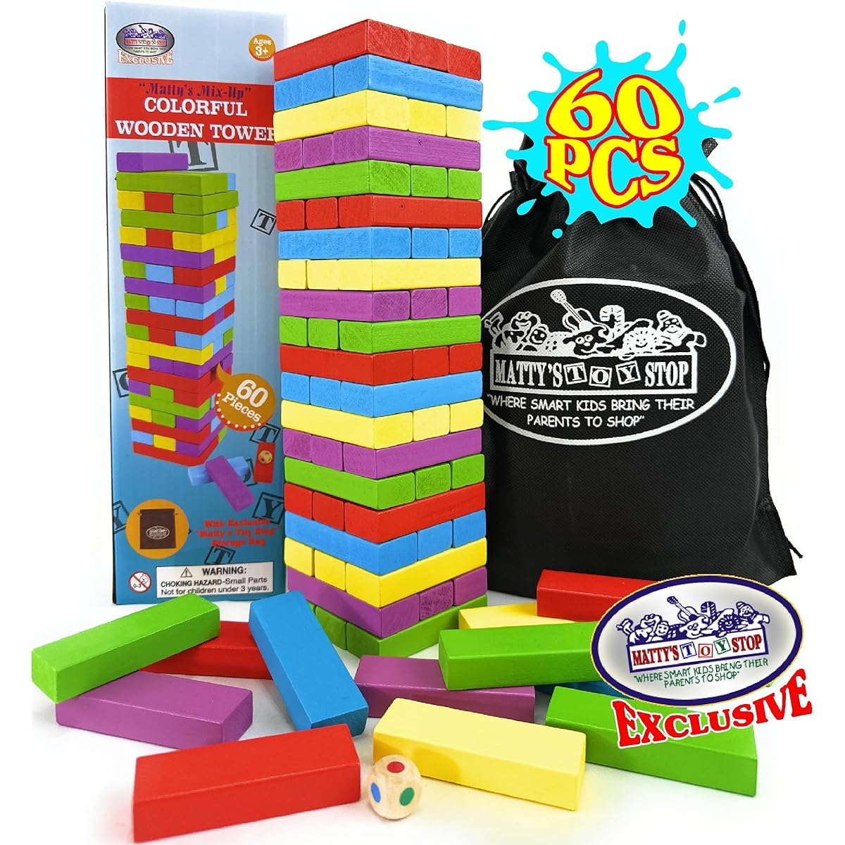 [Matty's Toy Stop] Matty's MixUp 60pc Large Colorful Wooden Tumbling Tower Deluxe Stacking Game with Storage Bag [Parallel Import]