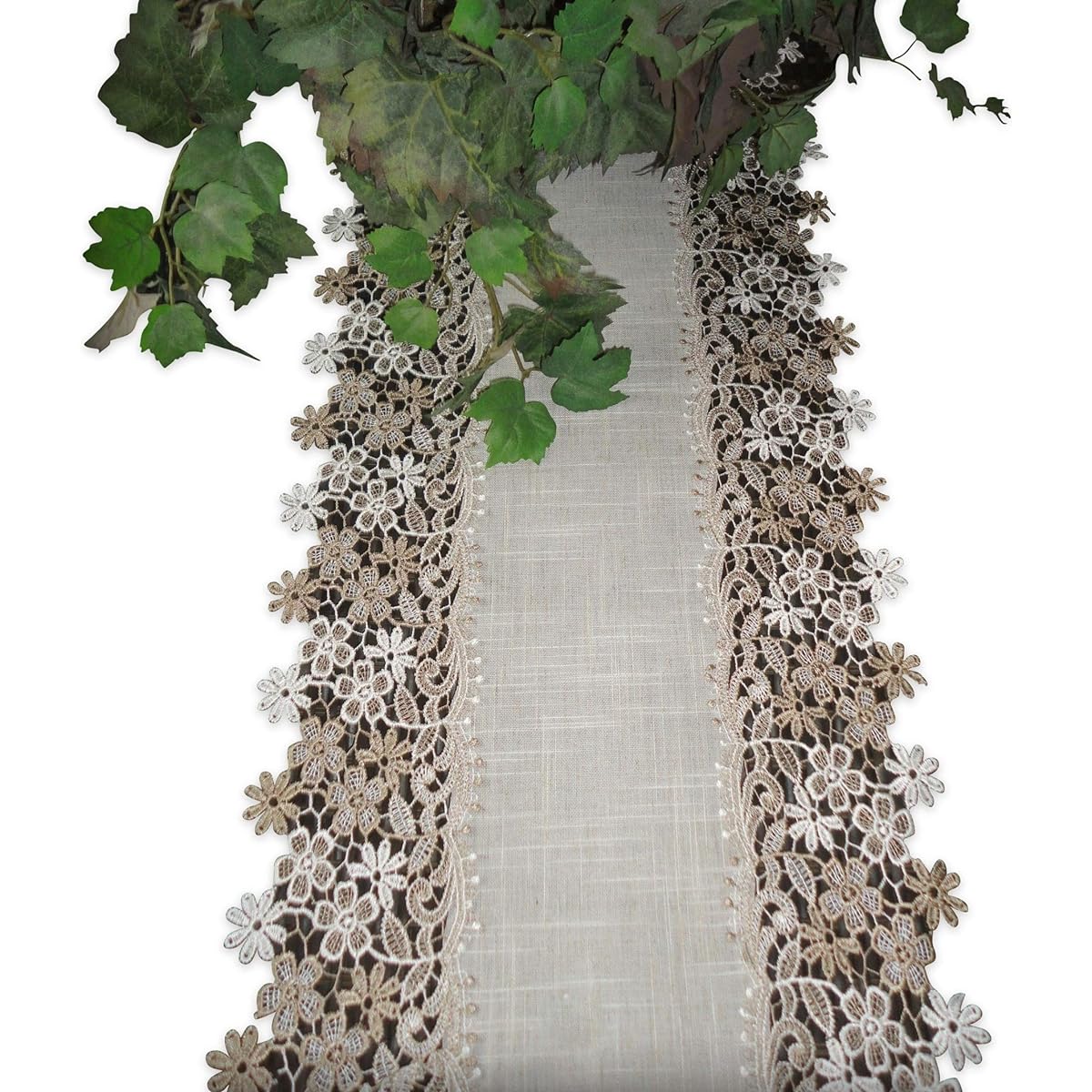 Sophisticated Floral Lace Dresser Scarf 54" Neutral Earth Tones Table Runner Daisy