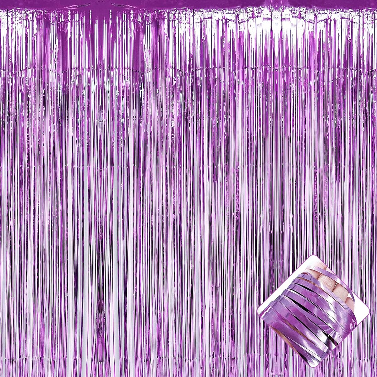 Light Purple Foil Fringe Curtain Backdrop, 4 Pack 3.2ft x 9.8ft Metallic Tinsel Foil Fringe Streamer Curtains for Party Photo Booth Props Birthday Wedding Christmas Party Decoration Supplies