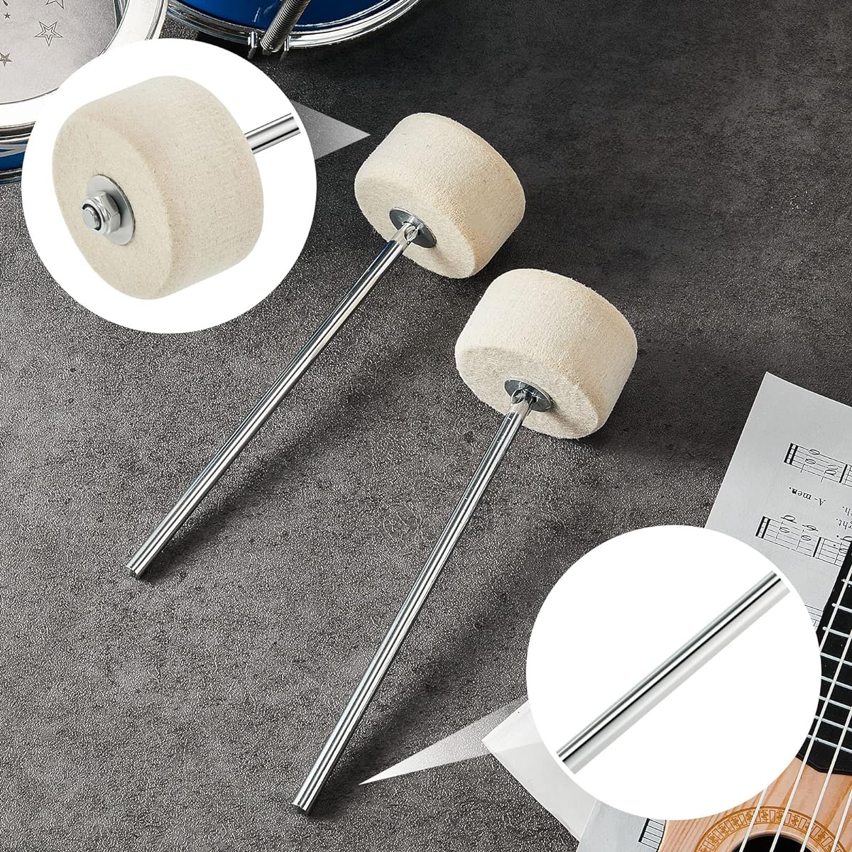2 Piece White Felt Bass Drum Beater Set Kick Drum Foot Pedal Beater Drum Accessories Parts for Kick Drum Pedal